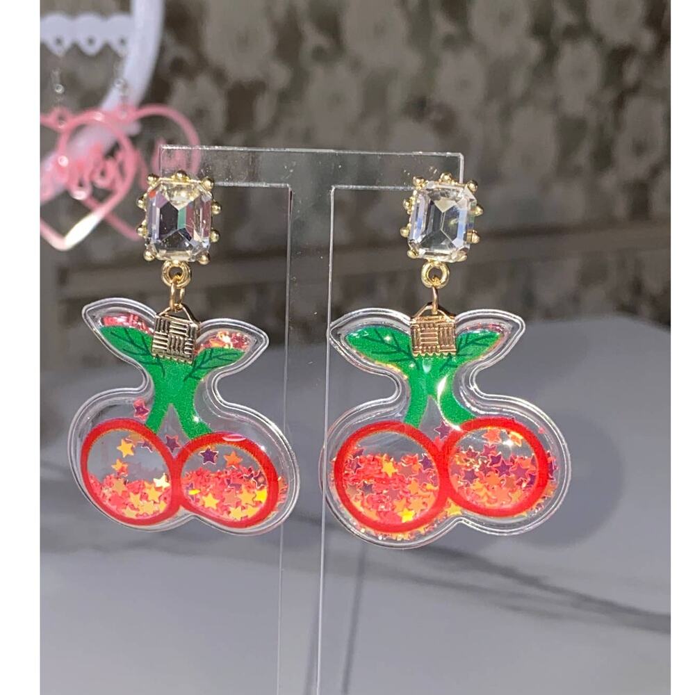 New Red Cherry Glitter-filled Rhinestone Dangle Earrings Drop Jewel 3D Kidcore - Picture 2 of 2